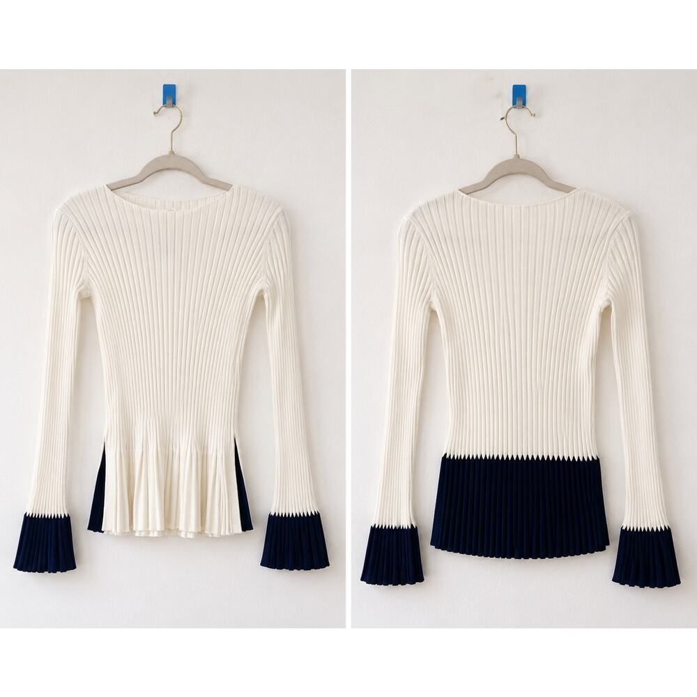Liviana Conti Ribbed Knit Peplum Sweater Cream & Navy Colorblock IT 42 /US6